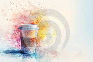 Watercolor Coffee Cup, Aquarelle Cofee Mug on Watercolour Paper Texture, Copy Space