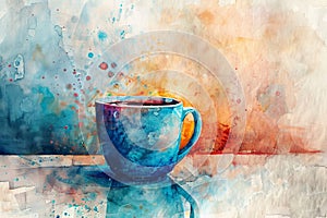 Watercolor Coffee Cup, Aquarelle Cofee Mug on Watercolour Paper Texture, Copy Space