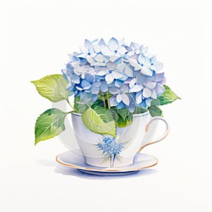 Watercolor Coffee Cup With Blue Flowers: Detailed Illustration