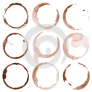 Watercolor coffee cup rings stains set isolated on white background