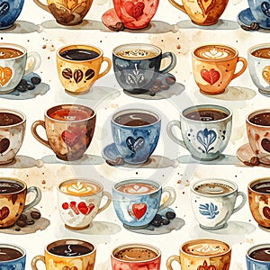 Watercolor Coffee Cups Seamless Pattern