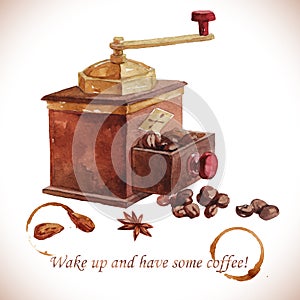 Watercolor coffee grinder with coffee beans