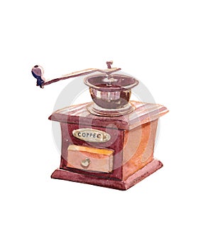 Watercolor red and brown vintage retro coffee grinder. photo