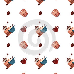 Watercolor Coffee Seamless Pattern. Brown and white background.