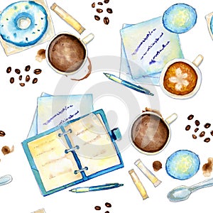 Watercolor coffee seamless pattern with notes, dairy and cups