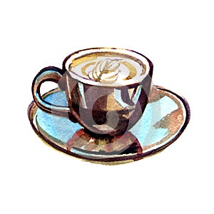 Watercolor coffee sketch. Hand painted illustration with cup of cappuccino, isolated on white background. Artistic cozy