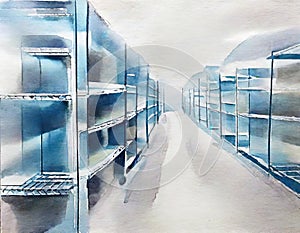 Watercolor of Cold storage room metal shelves racks for frozen Air conditioning on Selective storage in