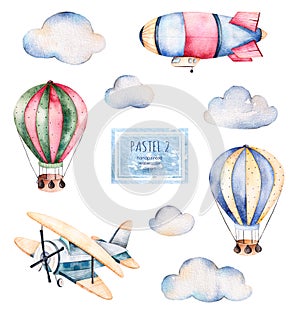 Watercolor collection with air balloons, clouds,airship and the plane in pastel colours.