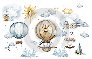 Watercolor collection with air balloons,clouds,rainbow, flower in pastel colours.Handpainted air ballons beautifully