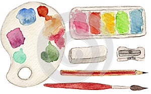 Watercolor collection of artist's tools. Paints, brush, pencil, grater, shavings, palette isolated on white