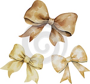 Watercolor collection of beige bows, coiled ribbons, isolated on white background.