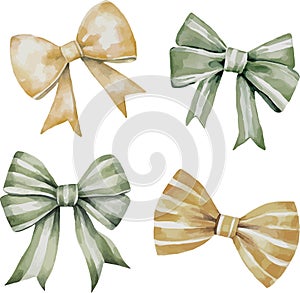 Watercolor collection of beige and green bows, coiled ribbons, isolated on white background.