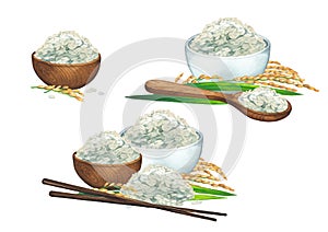 Watercolor collection of bowls of rice decorated with cereals and wooden sticks.