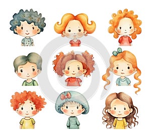 Watercolor collection of cartoon children\'s portraits with various hairstyles, isolated on white background
