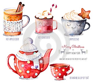 Akvarel výber z horúci jablčný mušt čaj čokoláda 