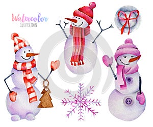 Watercolor collection of Christmas snowmen