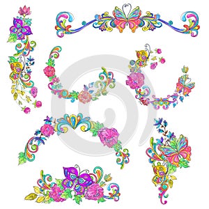 Watercolor collection of color flowers and butterflies frames