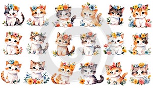 Watercolor collection of cute kittens with floral wreaths. Cartoon little cats with flowers, stickers