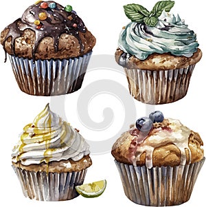 Watercolor collection of glazed cupcakes with toppings, on white background
