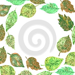 Watercolor collection of leaves, paint stains. green brown yellow plants isolated on white background. simple ornament, Can be