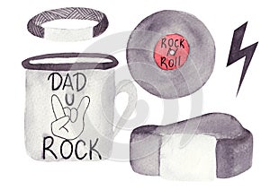 Watercolor collection, mug with dad you rock, belt, record, bracelet, zipper isolated. Birthday, father's day etc..