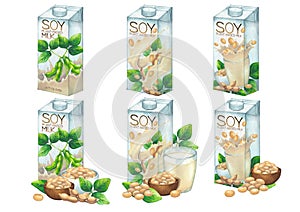 Watercolor collection of plant based milk in cartons with different package design