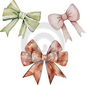 Watercolor collection of red, pink and green bow, coiled ribbons, isolated on white background.