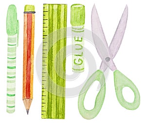 Watercolor collection of school tools. Pen, pencil, ruler, glue and scissors isolated on white background.