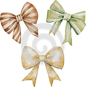 Watercolor collection of strip beige and green bows, coiled ribbons, isolated on white background.