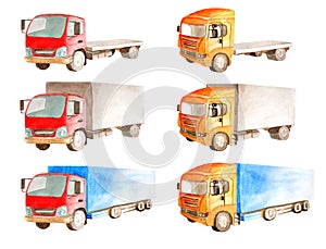 Watercolor a collection of trucks with a red and orange cabin, but different open and closed bodies