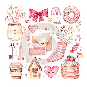 Watercolor collection of valentines day attributes. Illustration of pink hearts, cute cup, flowers, cake, donut, birdhouse. Love