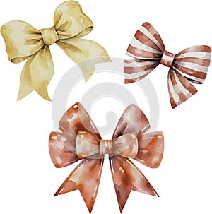 Watercolor collection of yellow and red bows, coiled ribbons, isolated on white background.