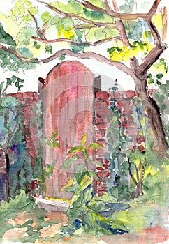 Watercolor color sketch of a door to a secret garden among trees and greenery
