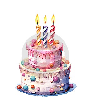 Watercolor colored birthday cake with three candles isolated on white background.