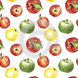 Watercolor colorful autumn fruits seamless pattern. Apples and pears, isolated on white background. Healthy food print
