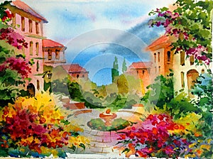 Watercolor colorful background handmade . Mediterranean landscape . Painting of architecture and vegetation of the sea coast