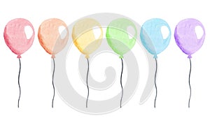 Watercolor colorful balloons with strings set isolated on white background