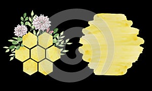 Watercolor colorful big bees combs with flowers and leaves isolated on blsck background