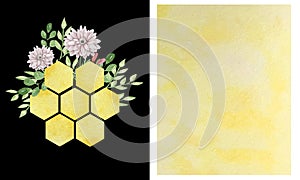 Watercolor colorful big bees combs with flowers and leaves isolated on blsck background