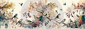 Watercolor of colorful birds on tree branches with butterflies and beautiful flowers in a harmonious color pattern