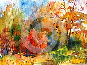 Watercolor colorful bright textured abstract background handmade . Landscape . Painting of the Kiev botanical garden in autumn ,