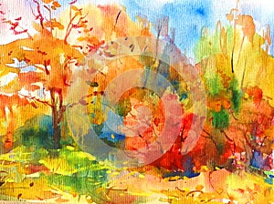 Watercolor colorful bright textured abstract background handmade . Landscape . Painting of the Kiev botanical garden in autumn ,