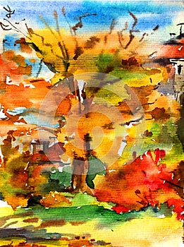 Watercolor colorful bright textured abstract background handmade . Landscape . Painting of the Kiev botanical garden in autumn ,