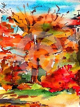 Watercolor colorful bright textured abstract background handmade . Landscape . Painting of the Kiev botanical garden in autumn ,