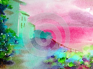 Watercolor colorful background handmade . Mediterranean landscape . Painting of architecture and vegetation of the sea coast