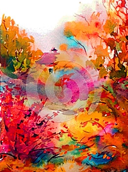 Watercolor colorful bright textured abstract background handmade . Mediterranean landscape . Painting of the park in autumn