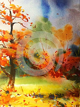 Watercolor colorful bright textured abstract background handmade . Mediterranean landscape . Painting of the park in autumn