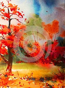 Watercolor colorful bright textured abstract background handmade . Mediterranean landscape . Painting of the park in autumn
