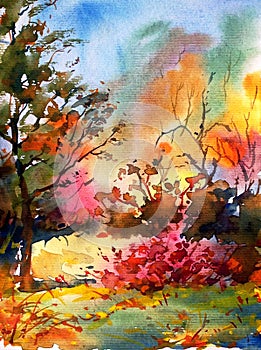 Watercolor colorful bright textured abstract background handmade . Mediterranean landscape . Painting of the park in autumn