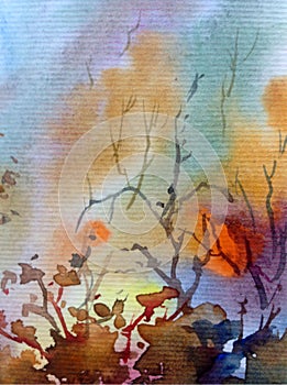 Watercolor colorful bright textured abstract background handmade . Mediterranean landscape . Painting of the park in autumn